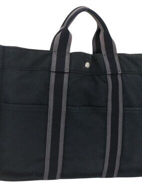 HERMES Fourre Tout MM Hand Bag Canvas Black Silver Auth 172610